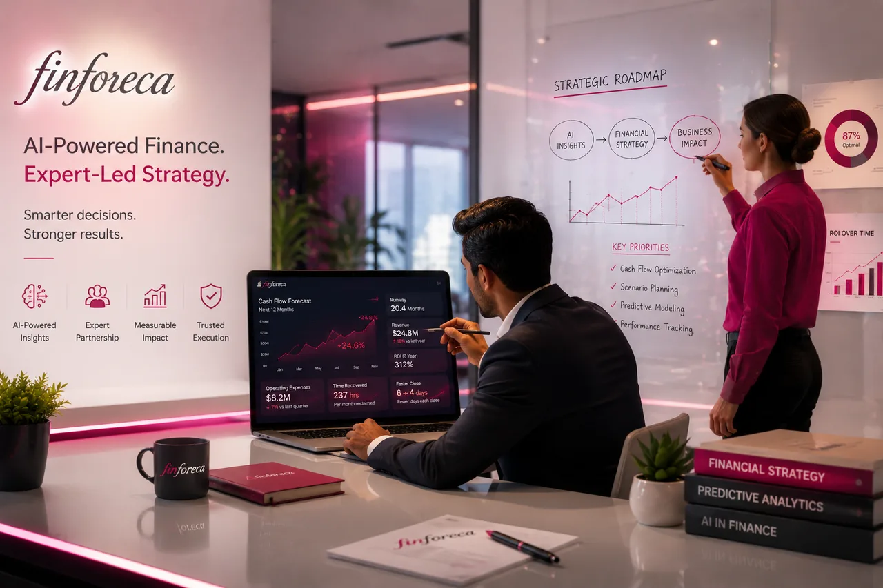 Finforeca advisors reviewing AI-powered cash forecasting dashboards and a strategic roadmap